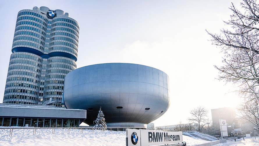 BMW Museum Munich Exterior view of the BMW Museum in winter with snow