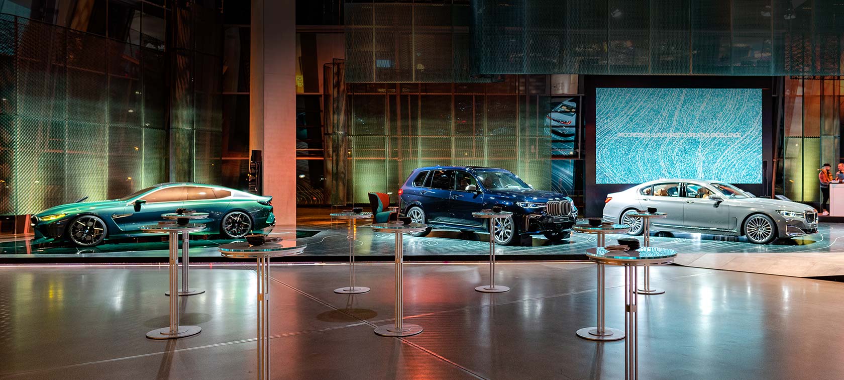 Bar tables in the BMW Welt branded Progressive Luxury