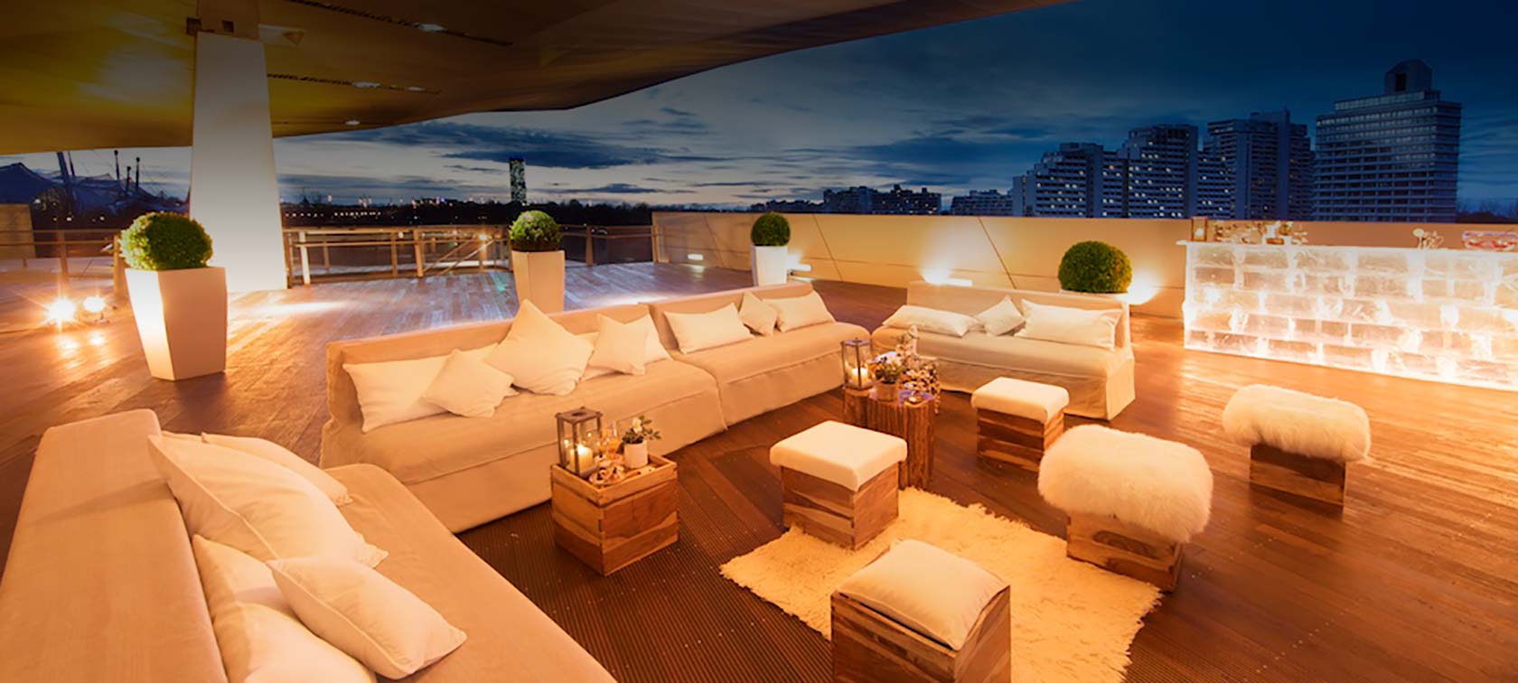 Lounge Feeling Outdoor terrace of BMW Welt with lounge furniture and warm light
